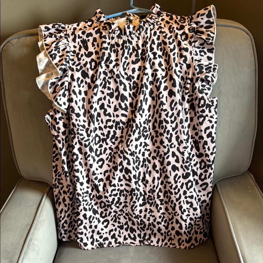 SHEIN Leopard Print Ruffle Blouse - Black and White